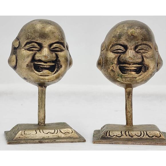Laughing Buddha Pair Statue Figurines Brass Asian On Miniature Stand 3.5" - Picture 1 of 10